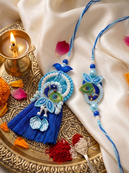 NVR Set of 2 Peacock Design Bhaiya Bhabhi Rakhi with Roli Chawal Chandan Mishri