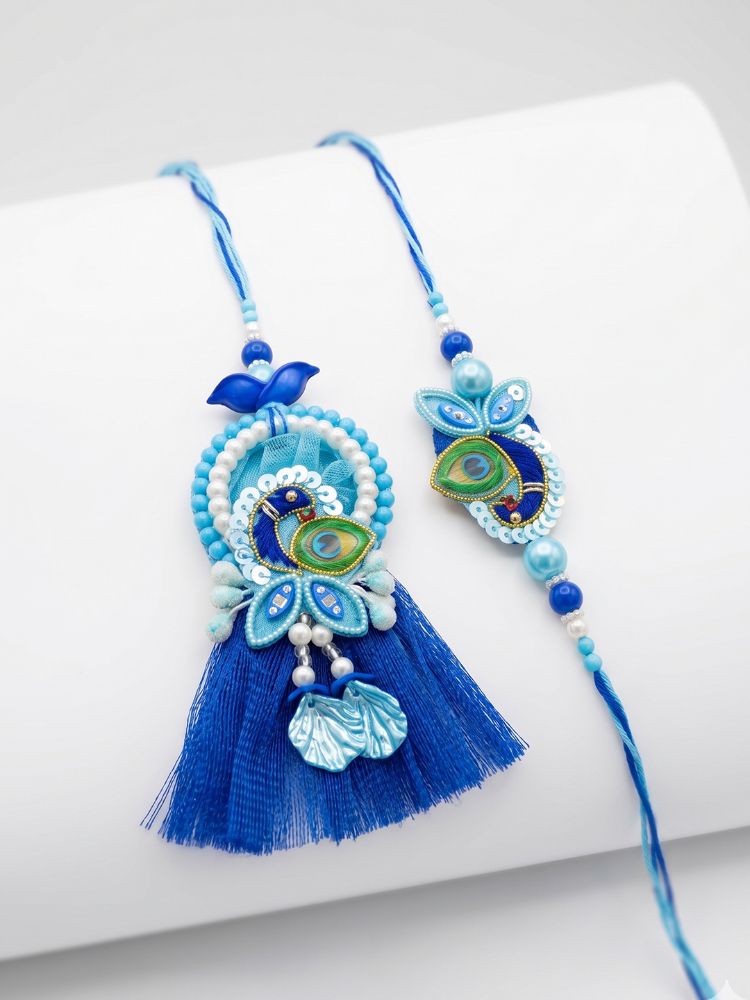 NVR Set of 2 Peacock Design Bhaiya Bhabhi Rakhi with Roli Chawal Chandan Mishri