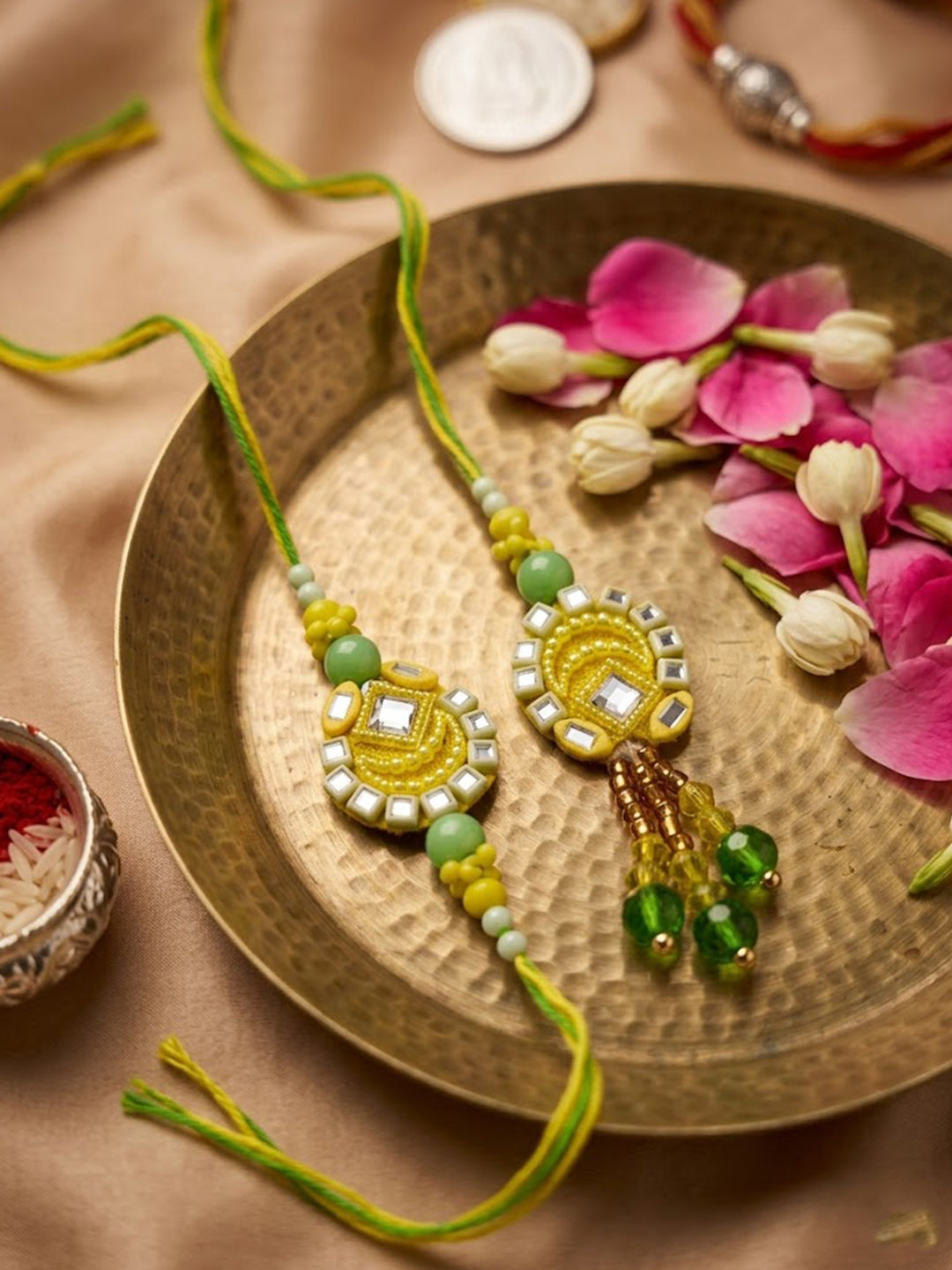 NVR Set of 2 Artificial Beads Mirror Work Bhaiya Bhabhi Rakhi With Roli Chawal Chandan