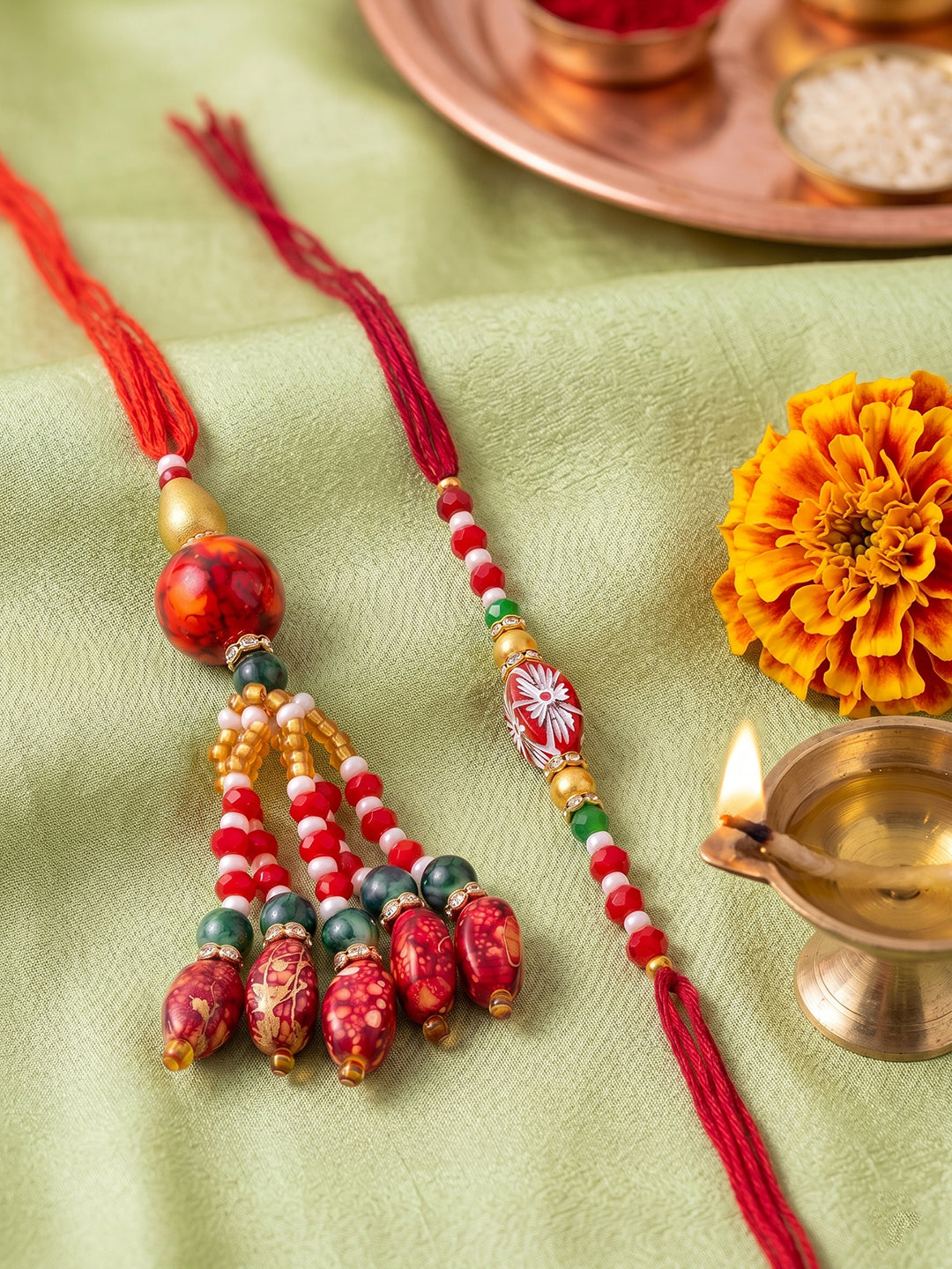 NVR Set of 2 Designer Red Artificial Beads Bhaiya Bhabhi Rakhi with Roli Chawal Chandan