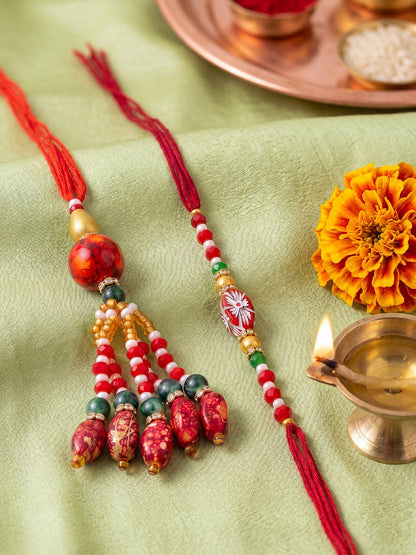 NVR Set of 2 Designer Red Artificial Beads Bhaiya Bhabhi Rakhi with Roli Chawal Chandan