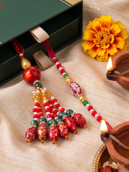 NVR Set of 2 Designer Red Artificial Beads Bhaiya Bhabhi Rakhi with Roli Chawal Chandan