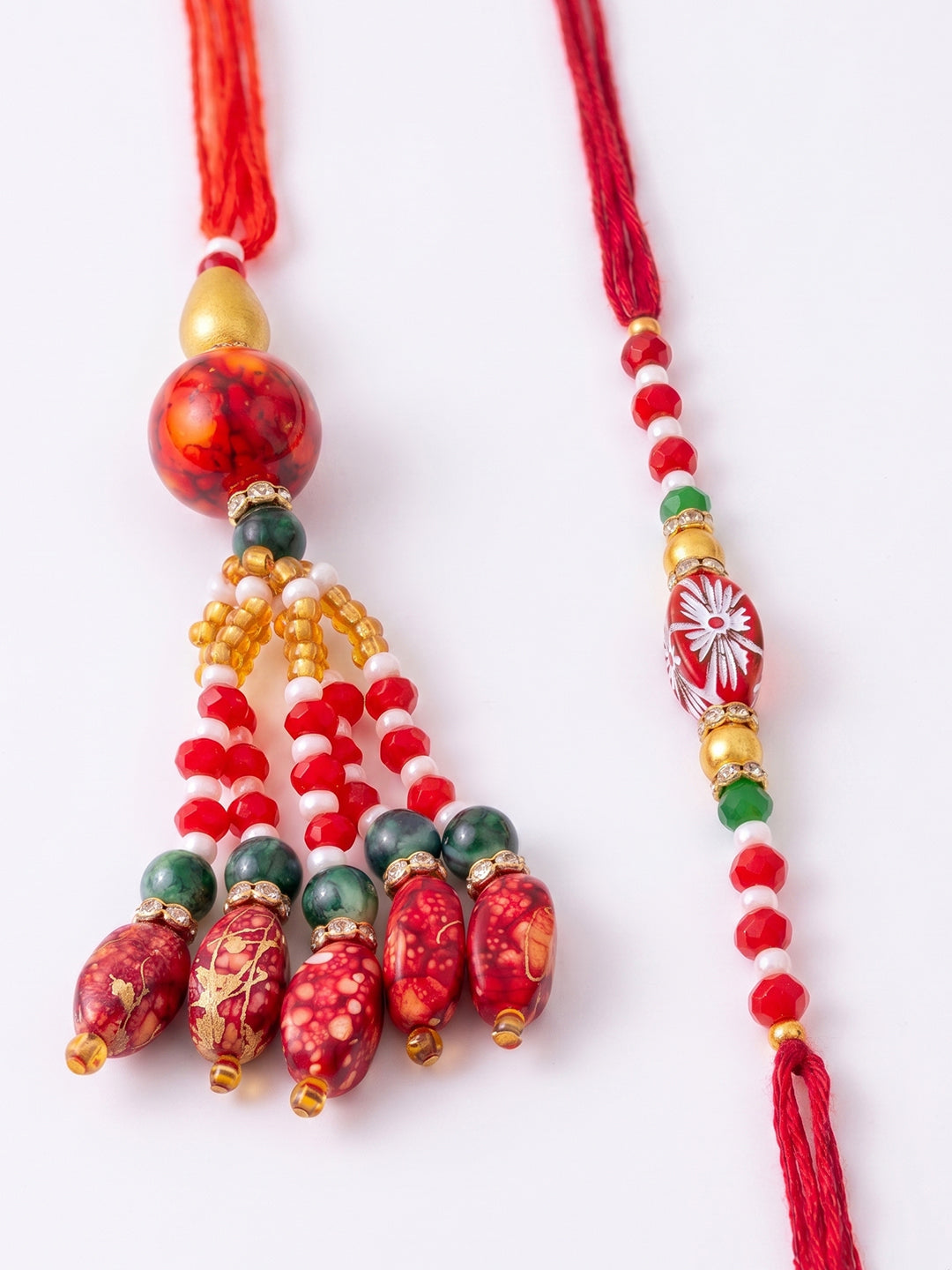 NVR Set of 2 Designer Red Artificial Beads Bhaiya Bhabhi Rakhi with Roli Chawal Chandan