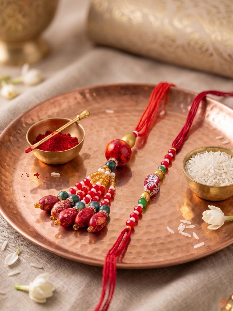 NVR Set of 2 Designer Red Artificial Beads Bhaiya Bhabhi Rakhi with Roli Chawal Chandan