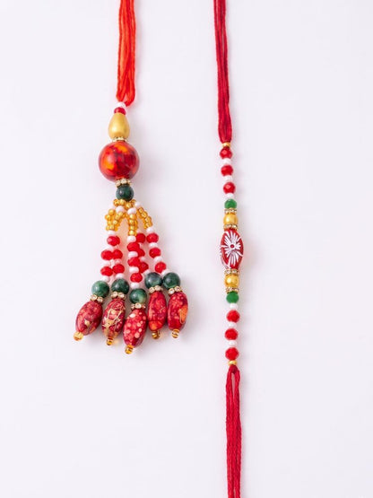 NVR Set of 2 Designer Red Artificial Beads Bhaiya Bhabhi Rakhi with Roli Chawal Chandan