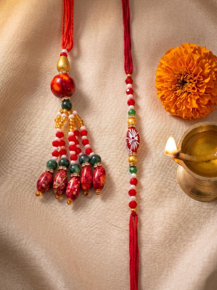 NVR Set of 2 Designer Red Artificial Beads Bhaiya Bhabhi Rakhi with Roli Chawal Chandan