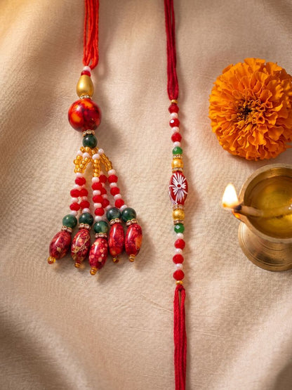 NVR Set of 2 Designer Red Artificial Beads Bhaiya Bhabhi Rakhi with Roli Chawal Chandan