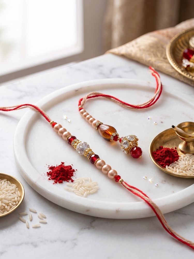 NVR Set of 2 Multicolor Artificial Stones & Beads Bhaiya Bhabhi Rakhi With Roli Chawal