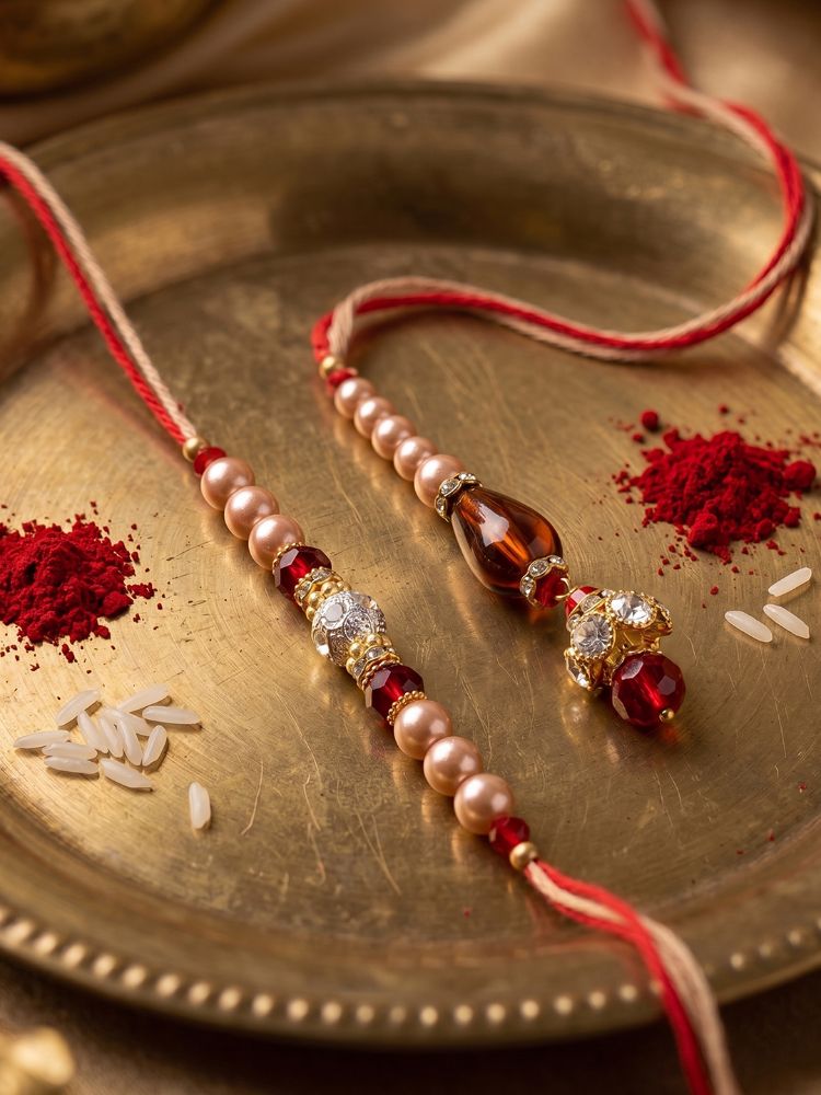 NVR Set of 2 Multicolor Artificial Stones & Beads Bhaiya Bhabhi Rakhi With Roli Chawal