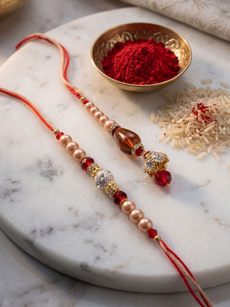 NVR Set of 2 Multicolor Artificial Stones & Beads Bhaiya Bhabhi Rakhi With Roli Chawal