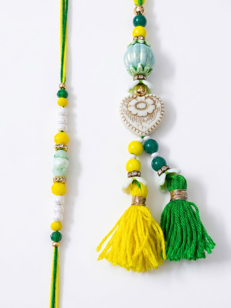 NVR Set of 2 Green & Yellow Beaded Heart Shape Bhaiya Bhabhi Rakhi with Roli Chawal