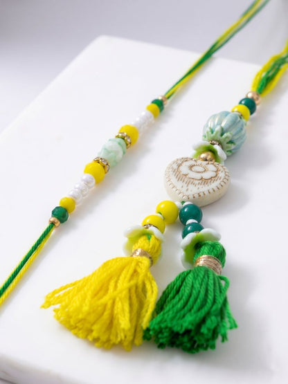 NVR Set of 2 Green & Yellow Beaded Heart Shape Bhaiya Bhabhi Rakhi with Roli Chawal
