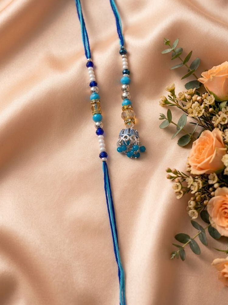 NVR Set of 2 Blue Artificial Beads Jhumka Design Bhaiya Bhabhi Rakhi with Roli Chawal