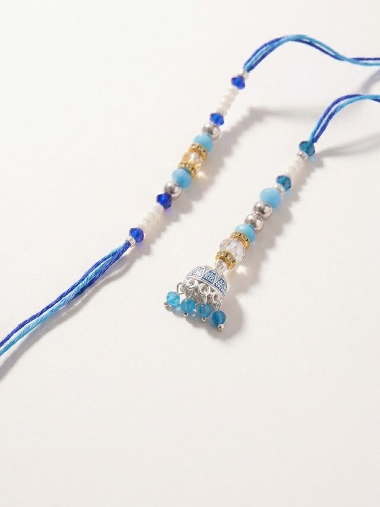 NVR Set of 2 Blue Artificial Beads Jhumka Design Bhaiya Bhabhi Rakhi with Roli Chawal