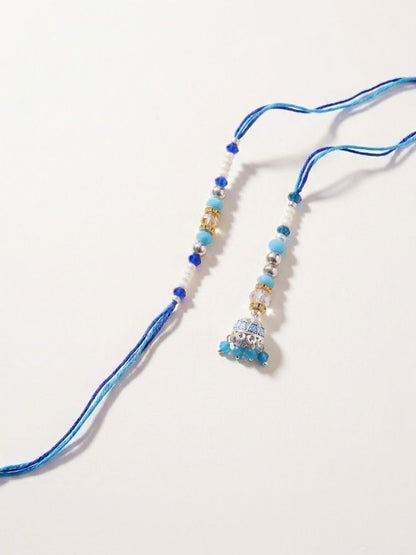 NVR Set of 2 Blue Artificial Beads Jhumka Design Bhaiya Bhabhi Rakhi with Roli Chawal