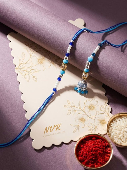 NVR Set of 2 Blue Artificial Beads Jhumka Design Bhaiya Bhabhi Rakhi with Roli Chawal