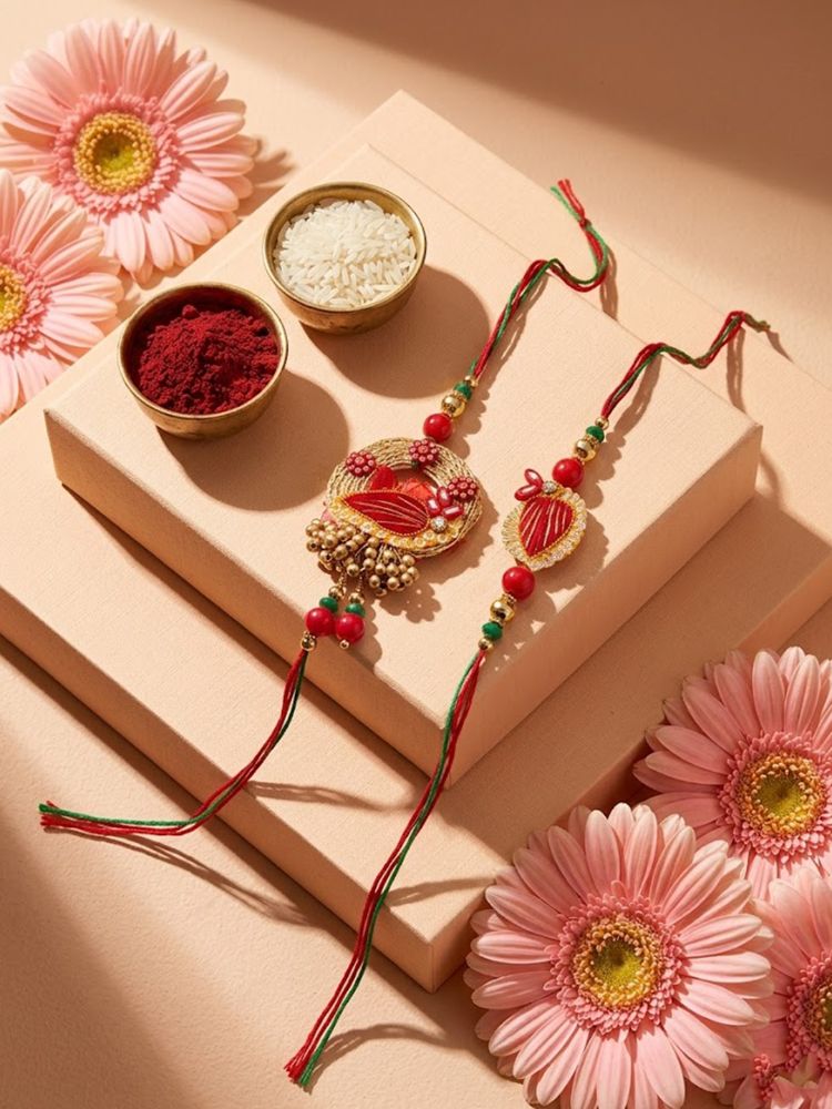 NVR Set of 2 Artificial Beads Bhaiya Bhabhi Rakhi with Roli Chawal Chandan Mishri