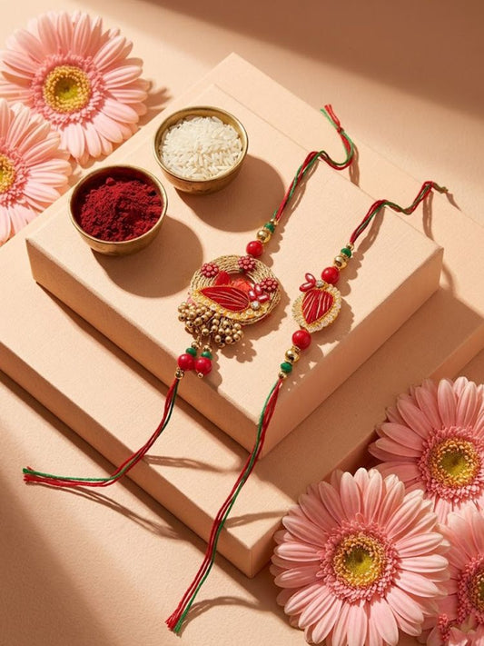 NVR Set of 2 Artificial Beads Bhaiya Bhabhi Rakhi with Roli Chawal Chandan Mishri