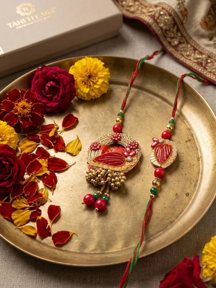 NVR Set of 2 Artificial Beads Bhaiya Bhabhi Rakhi with Roli Chawal Chandan Mishri