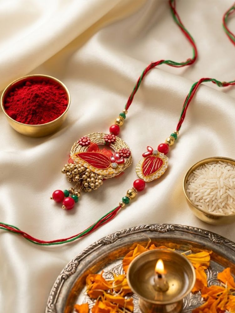 NVR Set of 2 Artificial Beads Bhaiya Bhabhi Rakhi with Roli Chawal Chandan Mishri