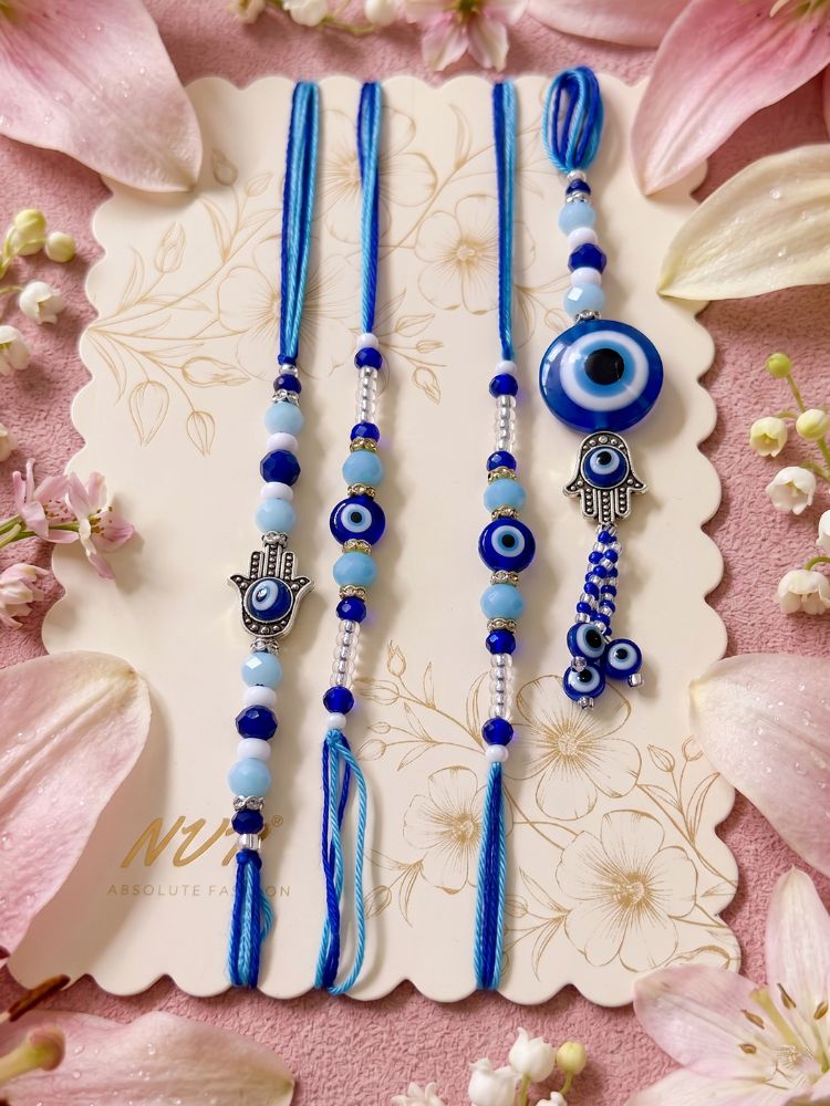 NVR Set of 4 Designer Blue Evil Eye Thread Rakhi with Roli Chawal Chandan Mishri