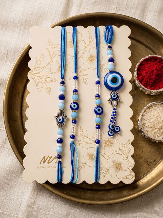 NVR Set of 4 Designer Blue Evil Eye Thread Rakhi with Roli Chawal Chandan Mishri
