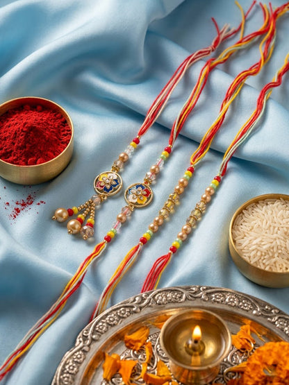 NVR Set of 4 Artificial Beads Family Pack Thread Rakhi with Roli Chawal Chandan Mishri