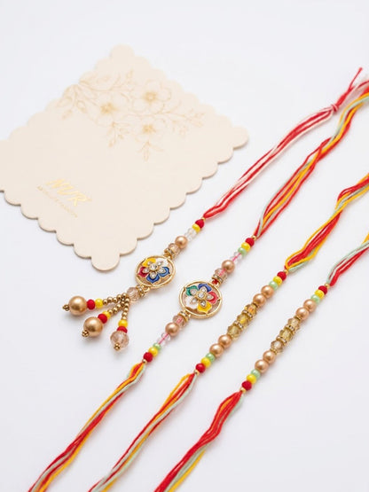 NVR Set of 4 Artificial Beads Family Pack Thread Rakhi with Roli Chawal Chandan Mishri