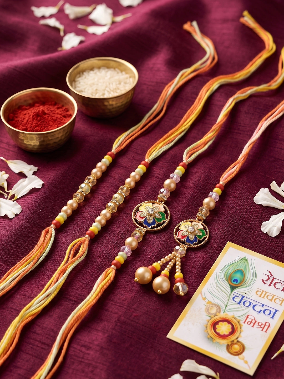 NVR Set of 4 Artificial Beads Family Pack Thread Rakhi with Roli Chawal Chandan Mishri