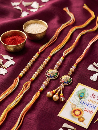 NVR Set of 4 Artificial Beads Family Pack Thread Rakhi with Roli Chawal Chandan Mishri