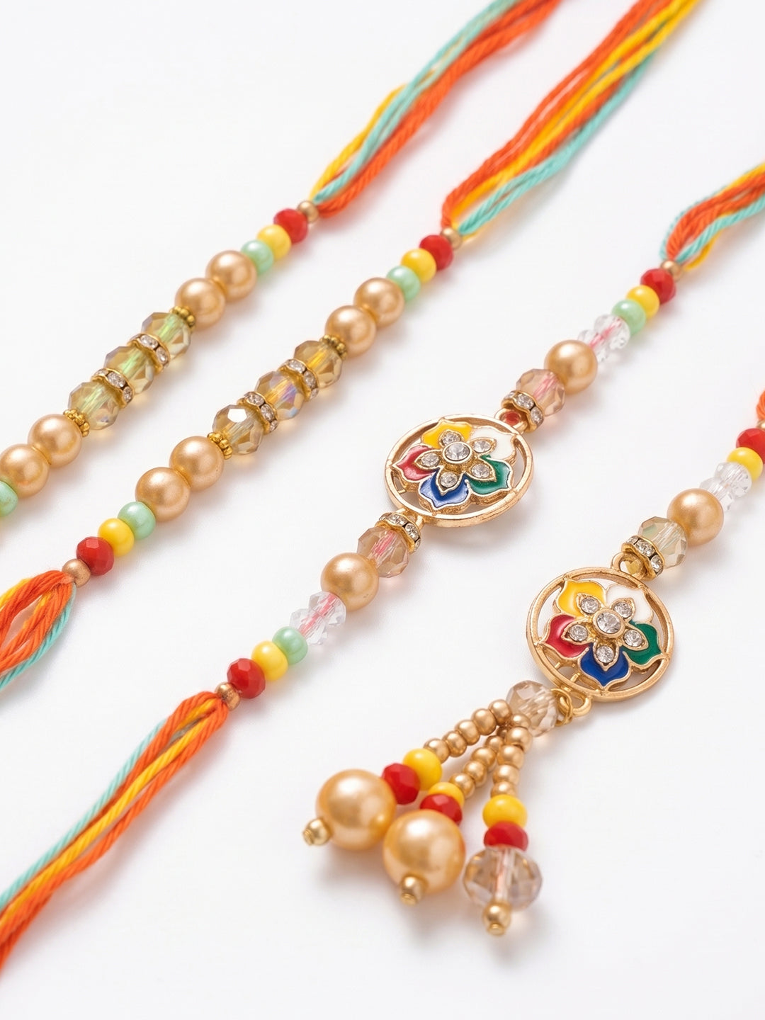NVR Set of 4 Artificial Beads Family Pack Thread Rakhi with Roli Chawal Chandan Mishri