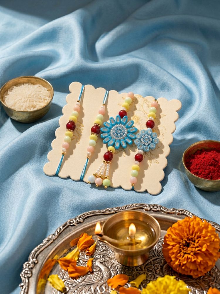 NVR Set of 4 Family Pack Beaded Thread Rakhi with Roli Chawal Chandan Mishri