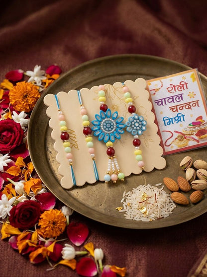 NVR Set of 4 Family Pack Beaded Thread Rakhi with Roli Chawal Chandan Mishri