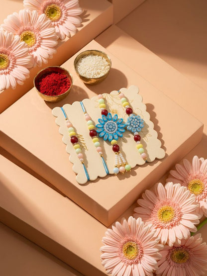 NVR Set of 4 Family Pack Beaded Thread Rakhi with Roli Chawal Chandan Mishri