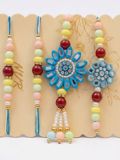 NVR Set of 4 Family Pack Beaded Thread Rakhi with Roli Chawal Chandan Mishri