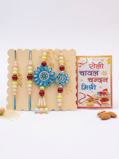 NVR Set of 4 Family Pack Beaded Thread Rakhi with Roli Chawal Chandan Mishri