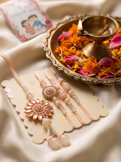NVR Set of 4 Beaded Family Pack Thread Rakhi with Roli Chawal Chandan Mishri