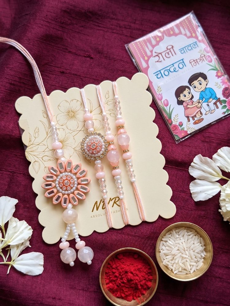 NVR Set of 4 Beaded Family Pack Thread Rakhi with Roli Chawal Chandan Mishri