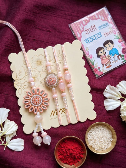 NVR Set of 4 Beaded Family Pack Thread Rakhi with Roli Chawal Chandan Mishri