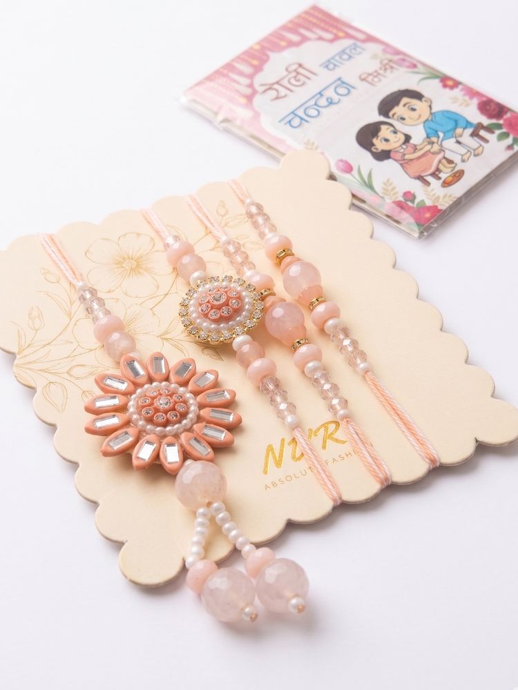 NVR Set of 4 Beaded Family Pack Thread Rakhi with Roli Chawal Chandan Mishri