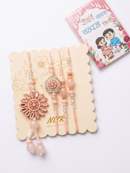 NVR Set of 4 Beaded Family Pack Thread Rakhi with Roli Chawal Chandan Mishri