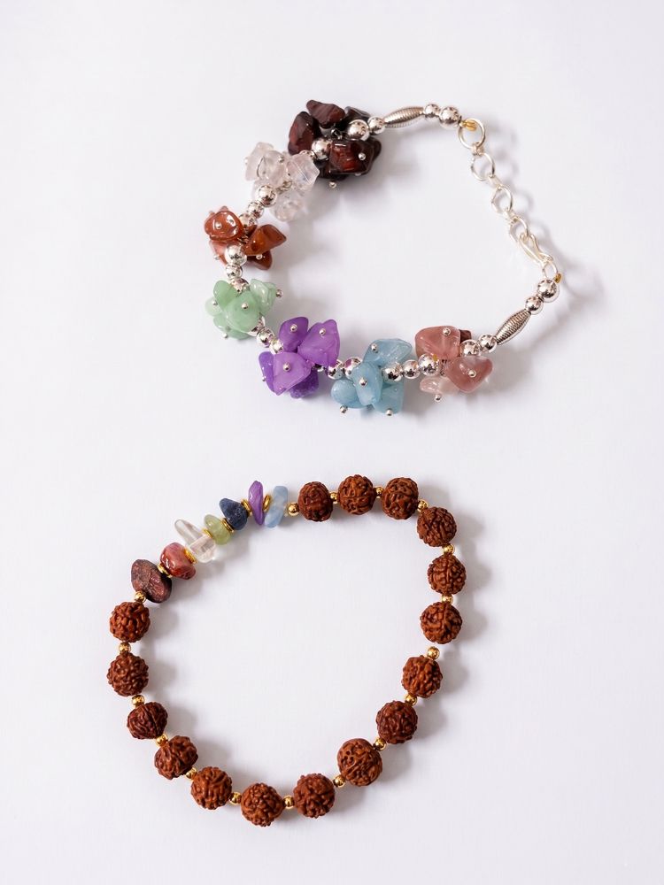 NVR Set of 2 Rudraksh & Seven Chakra Chip Bracelet Rakhi with Roli Chawal Chandan Mishri