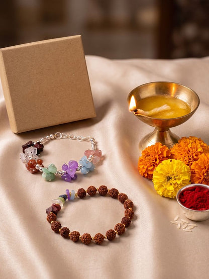 NVR Set of 2 Rudraksh & Seven Chakra Chip Bracelet Rakhi with Roli Chawal Chandan Mishri