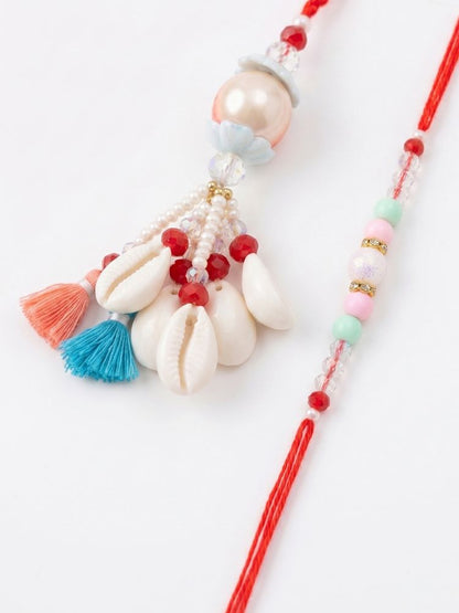 NVR Set of 2 Multicolor Artificial Beads & Sea Shell Bhaiya Bhabhi Rakhi with Roli Chawal