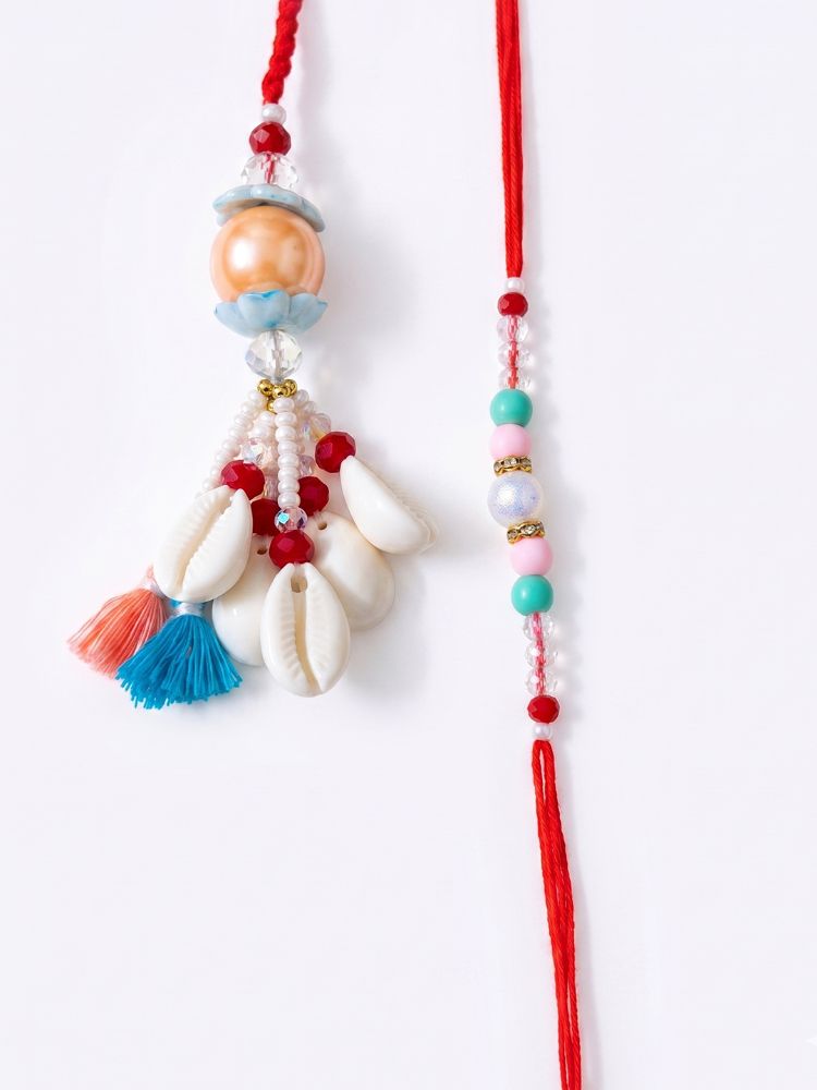 NVR Set of 2 Multicolor Artificial Beads & Sea Shell Bhaiya Bhabhi Rakhi with Roli Chawal