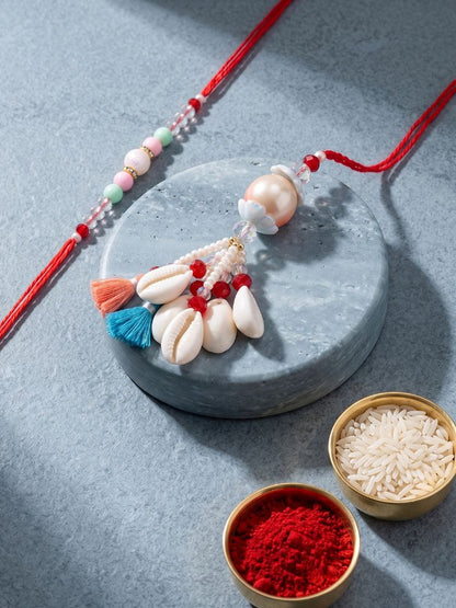 NVR Set of 2 Multicolor Artificial Beads & Sea Shell Bhaiya Bhabhi Rakhi with Roli Chawal