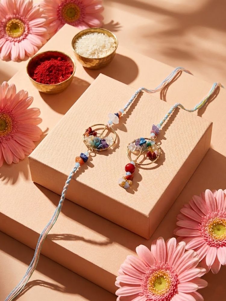 NVR Set of 2 Artificial Stones Bhaiya Bhabhi Rakhi with Roli Chawal Chandan Mishri