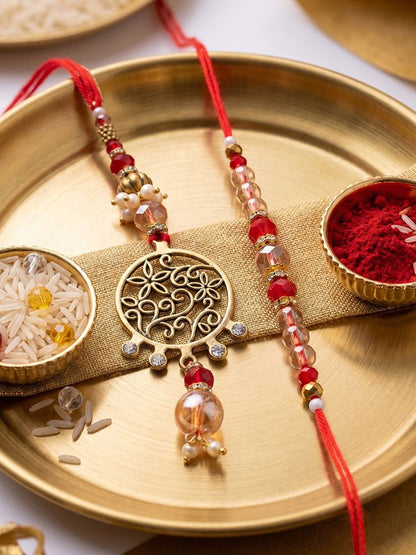 NVR Set of 2 Gold Toned Artificial Stones & Beads Bhaiya Bhabhi Rakhi with Roli Chawal