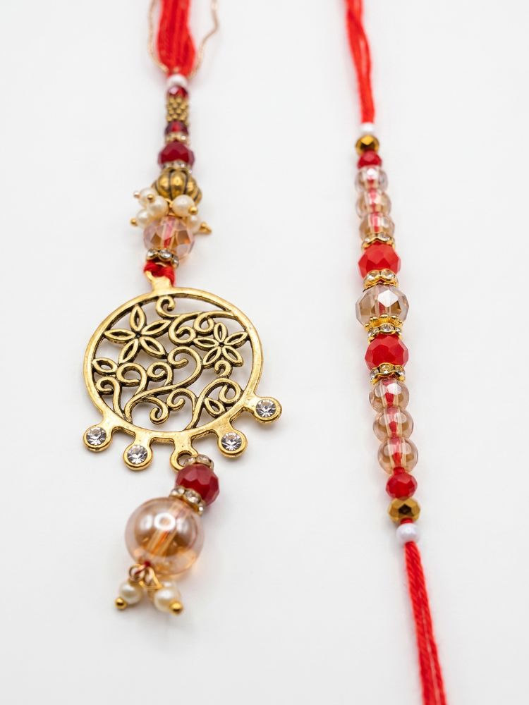 NVR Set of 2 Gold Toned Artificial Stones & Beads Bhaiya Bhabhi Rakhi with Roli Chawal