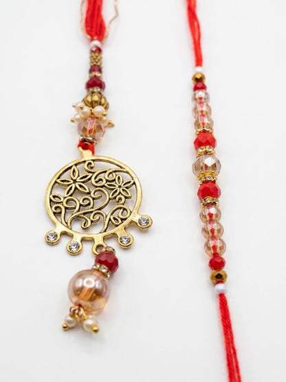 NVR Set of 2 Gold Toned Artificial Stones & Beads Bhaiya Bhabhi Rakhi with Roli Chawal